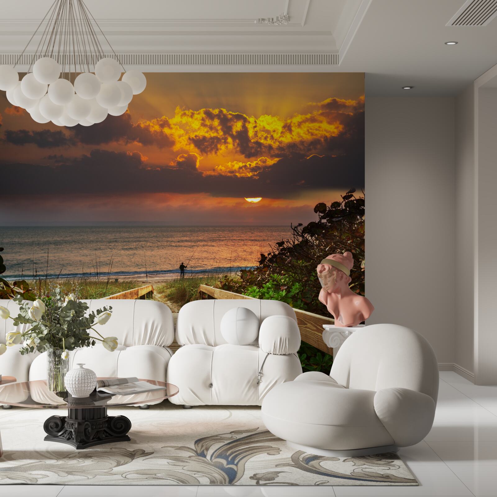 Papier peint le soleil se couche sous l'horizon au bord de la mer