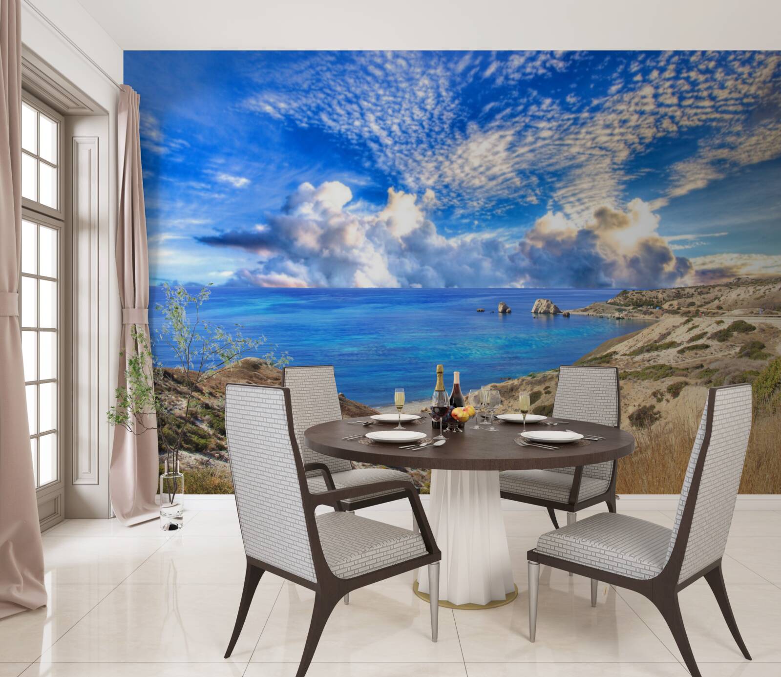 Papier peint cirrus à l'horizon, à l'interface entre la terre et l'océan