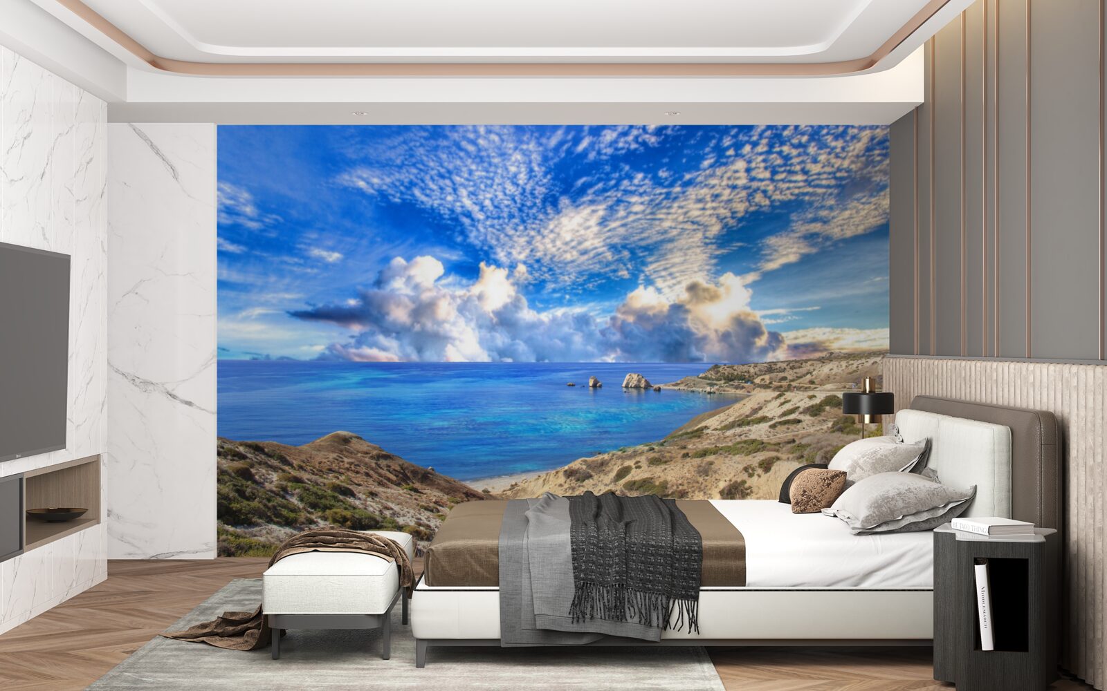 Papier peint cirrus à l'horizon, à l'interface entre la terre et l'océan