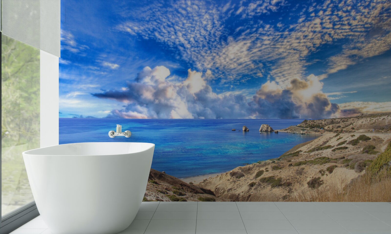 Papier peint cirrus à l'horizon, à l'interface entre la terre et l'océan