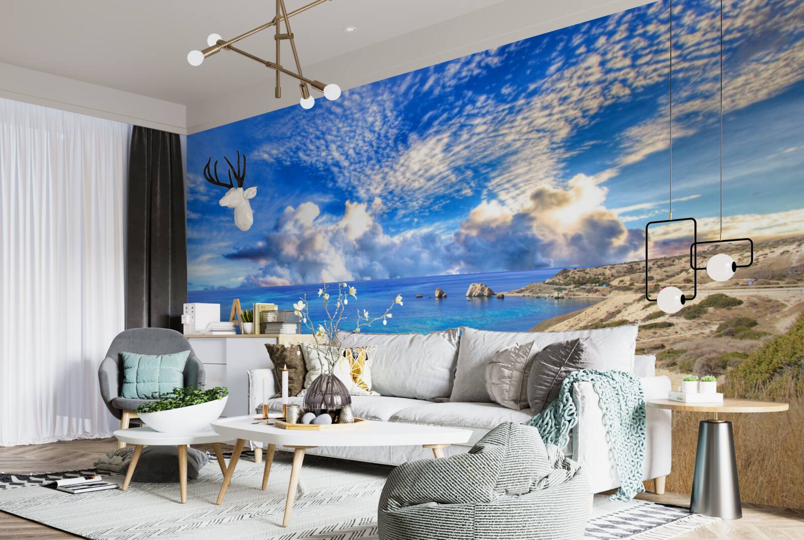 Papier peint cirrus à l'horizon, à l'interface entre la terre et l'océan