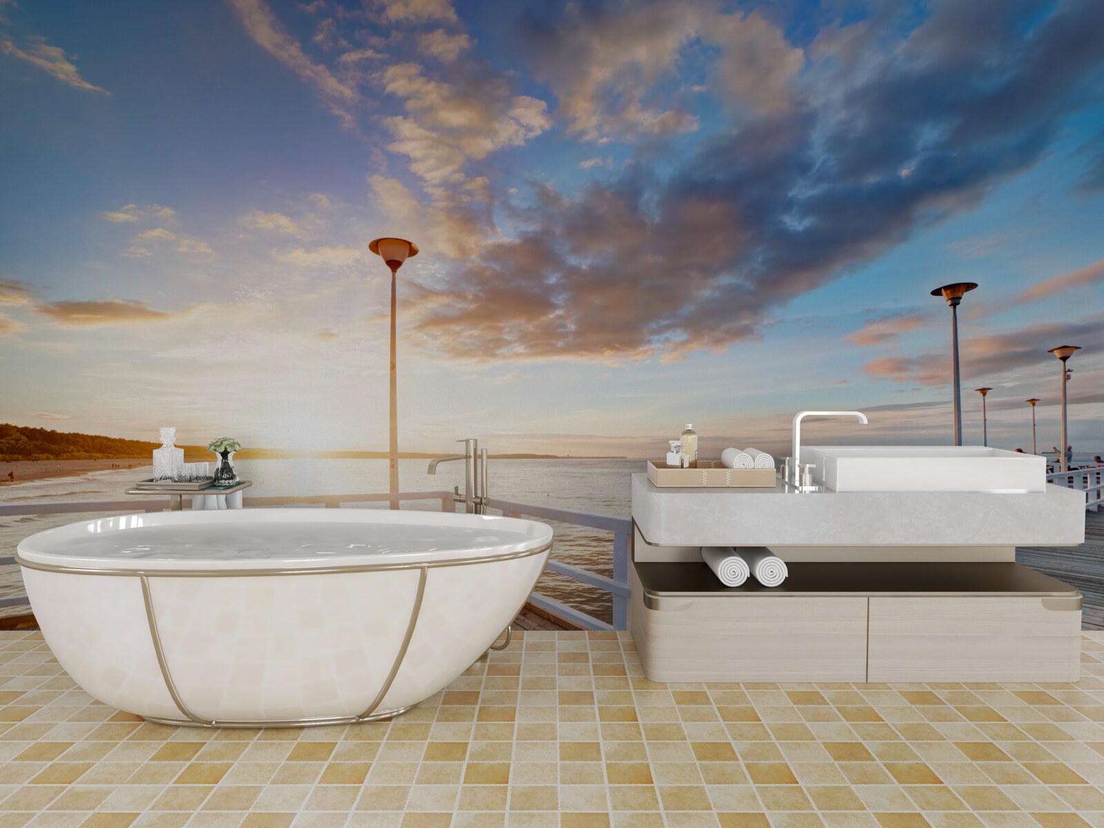 Papier peint Une jetée en bois abandonnée voit le soleil se coucher