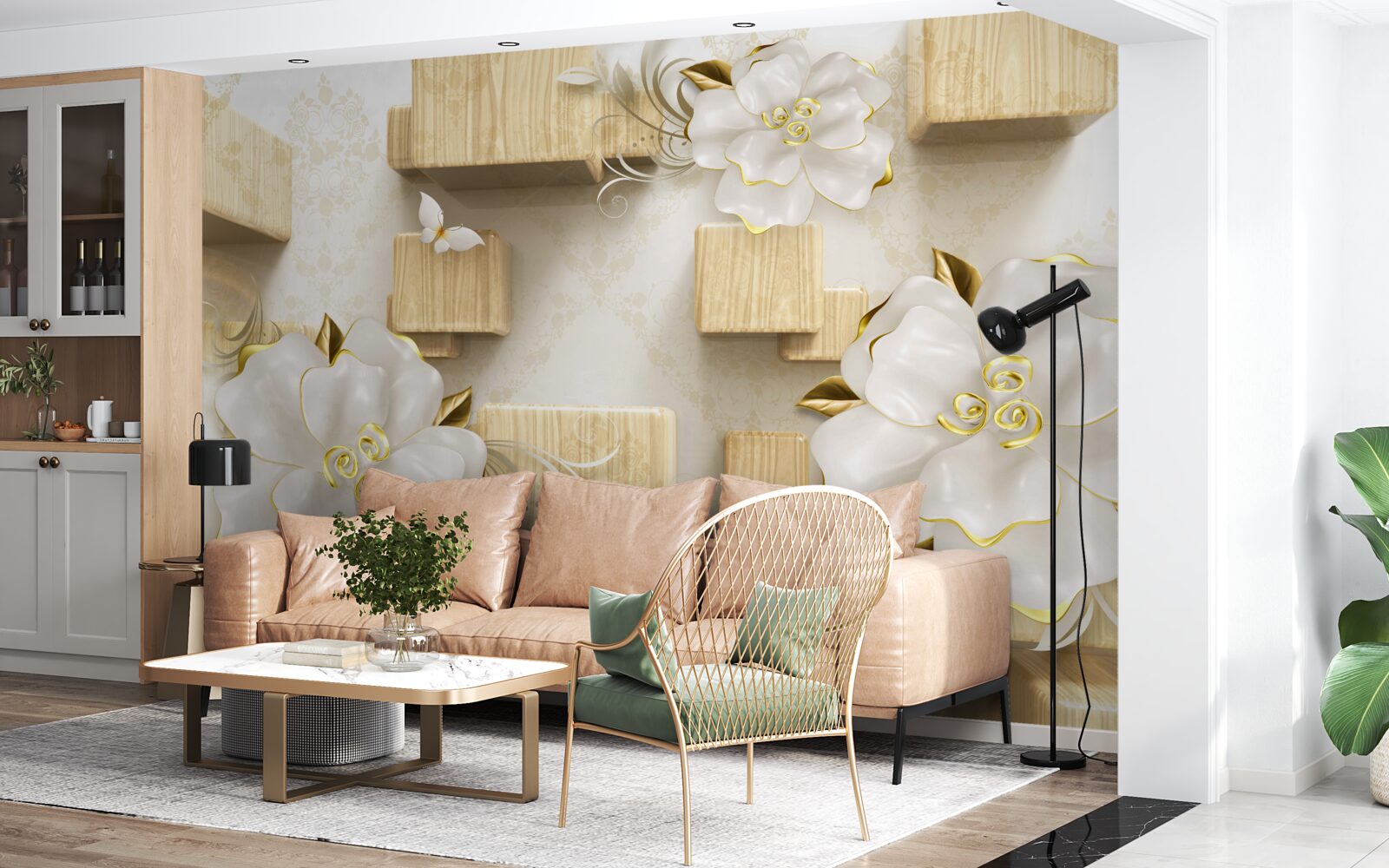 Papier peint accents dorés sur des fleurs blanches placées sur des cubes en bois