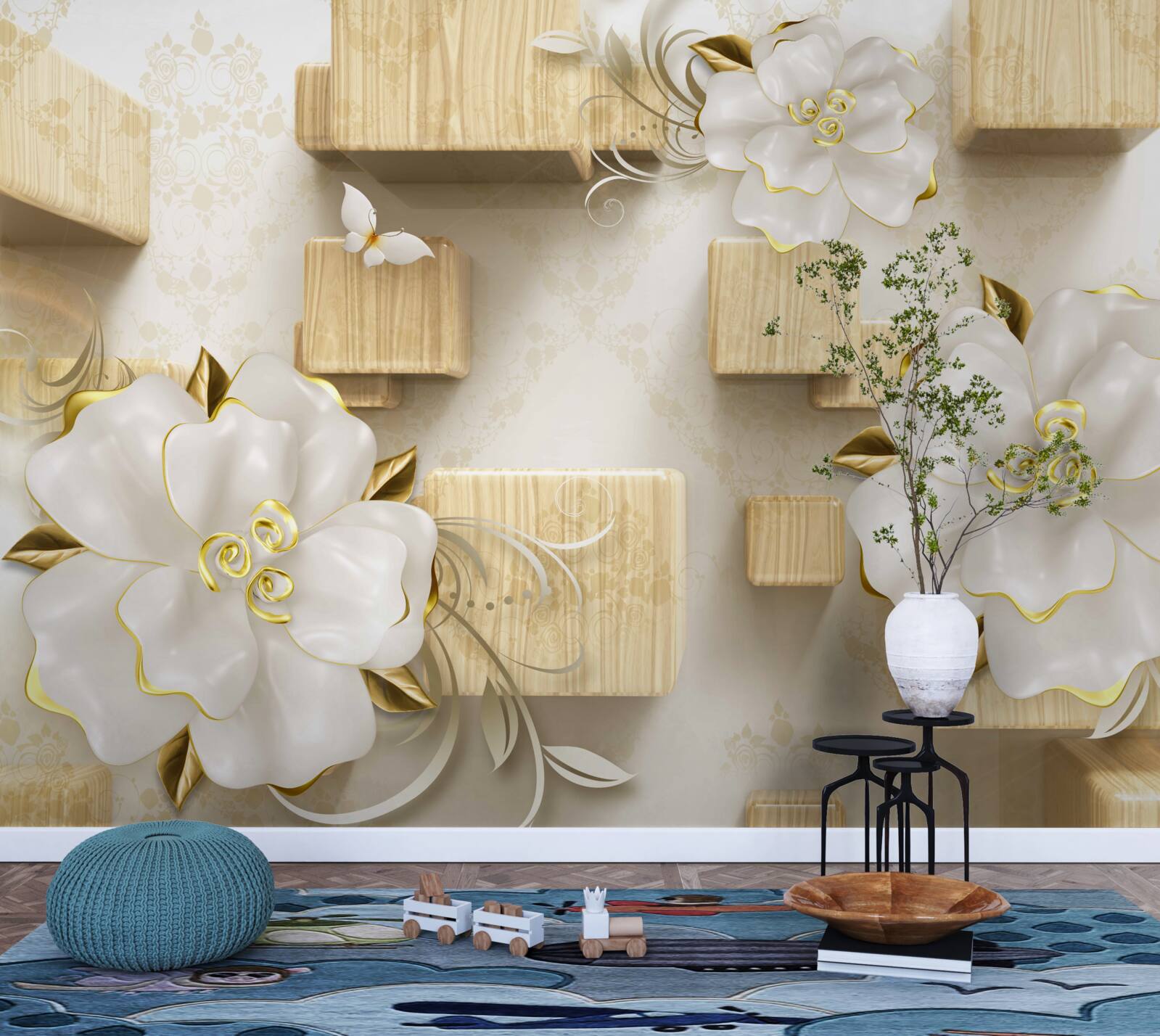 Papier peint accents dorés sur des fleurs blanches placées sur des cubes en bois