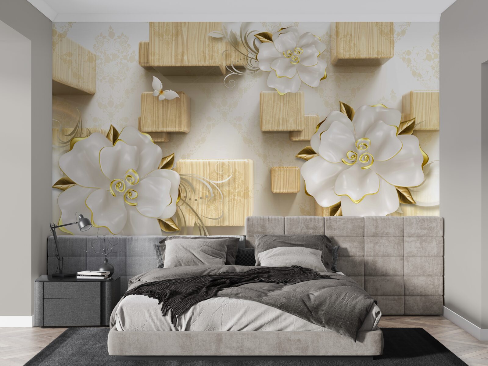 Papier peint accents dorés sur des fleurs blanches placées sur des cubes en bois