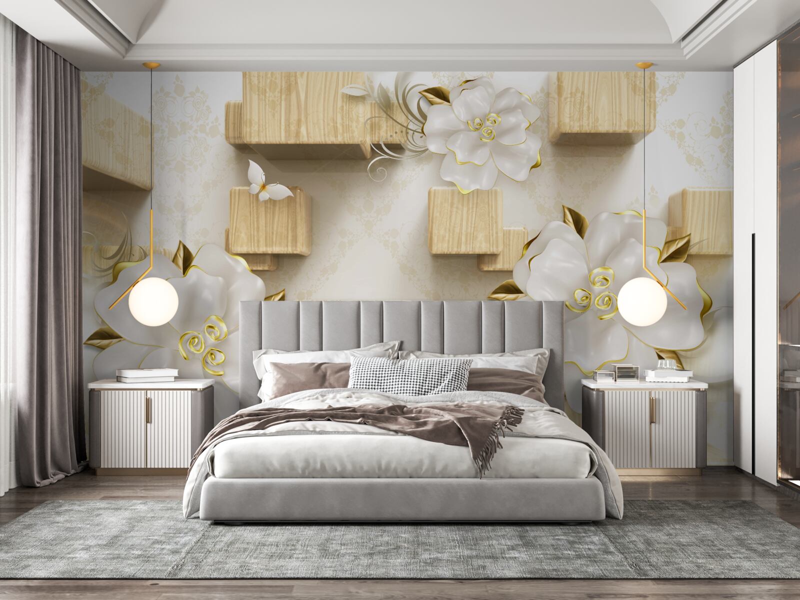 Papier peint accents dorés sur des fleurs blanches placées sur des cubes en bois