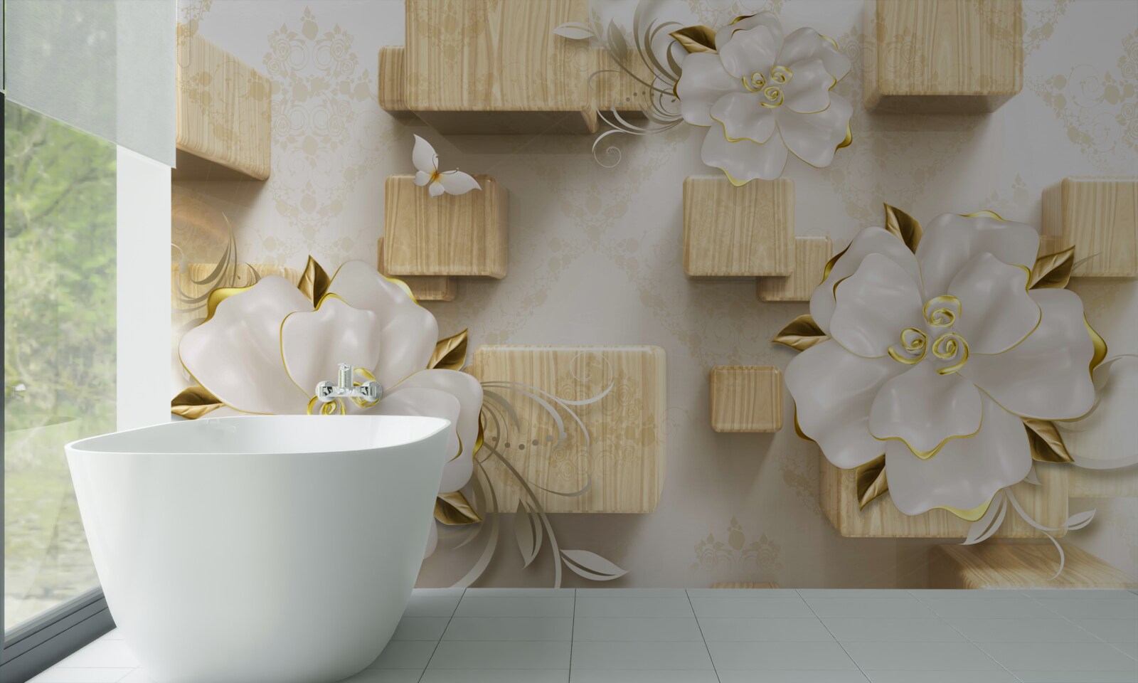 Papier peint accents dorés sur des fleurs blanches placées sur des cubes en bois