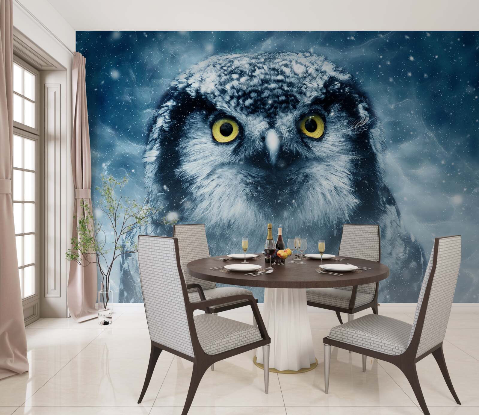 Papier peint en hiver, un grand hibou aux yeux dorés