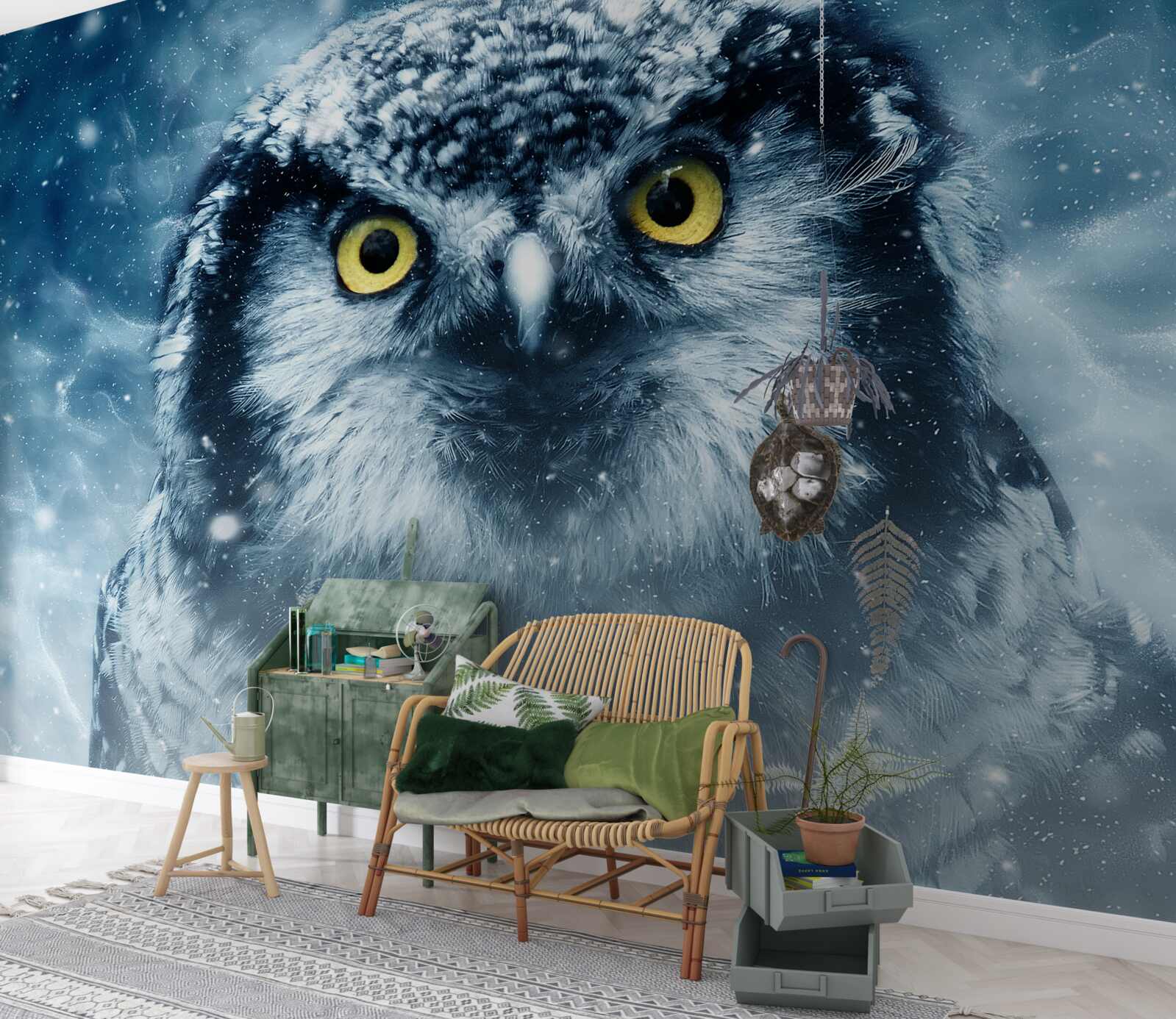 Papier peint en hiver, un grand hibou aux yeux dorés