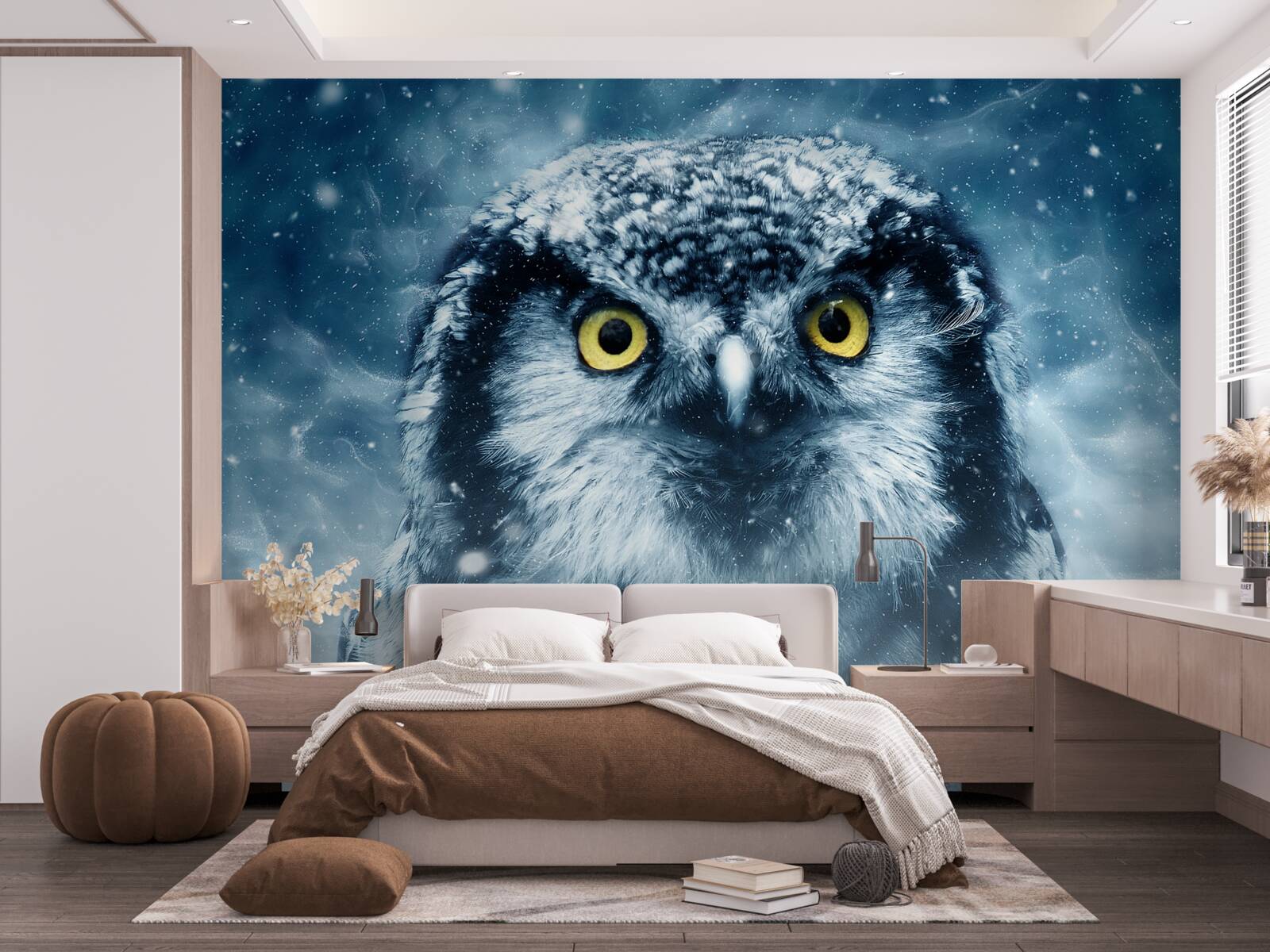 Papier peint en hiver, un grand hibou aux yeux dorés