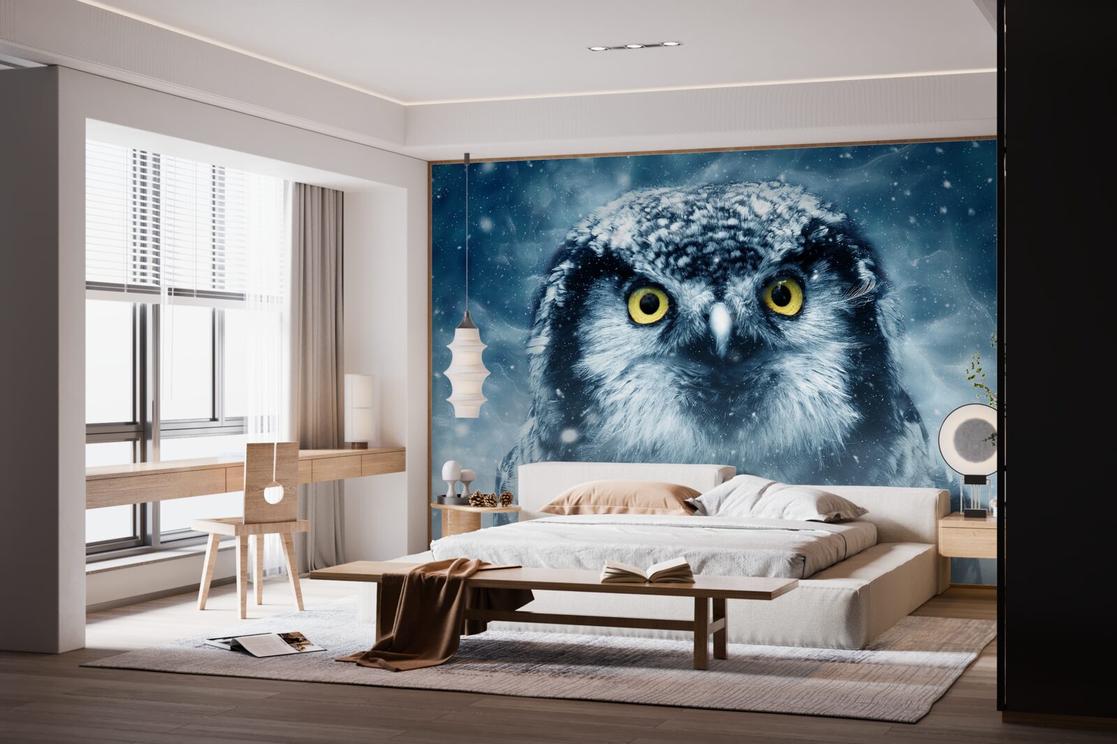 Papier peint en hiver, un grand hibou aux yeux dorés