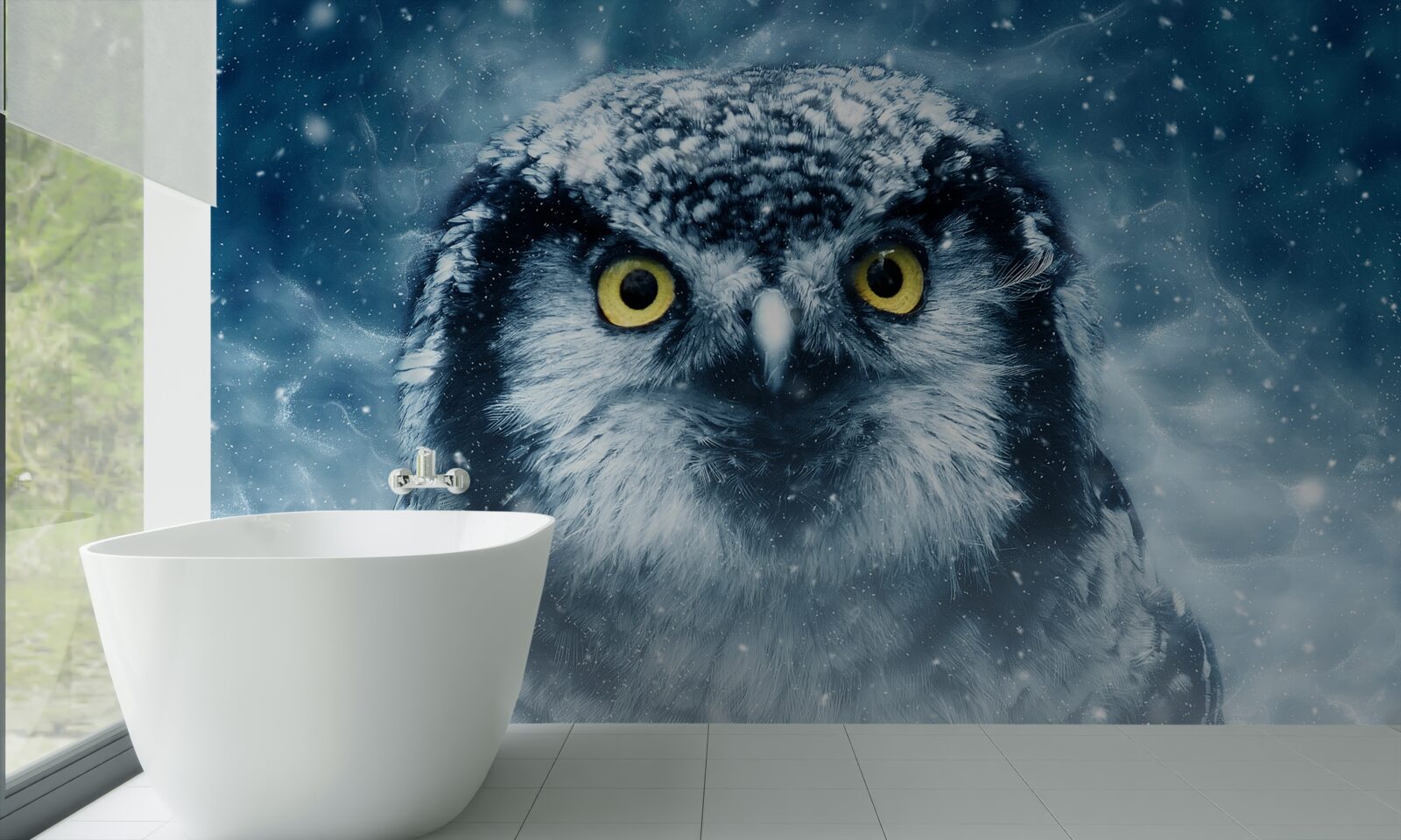 Papier peint en hiver, un grand hibou aux yeux dorés