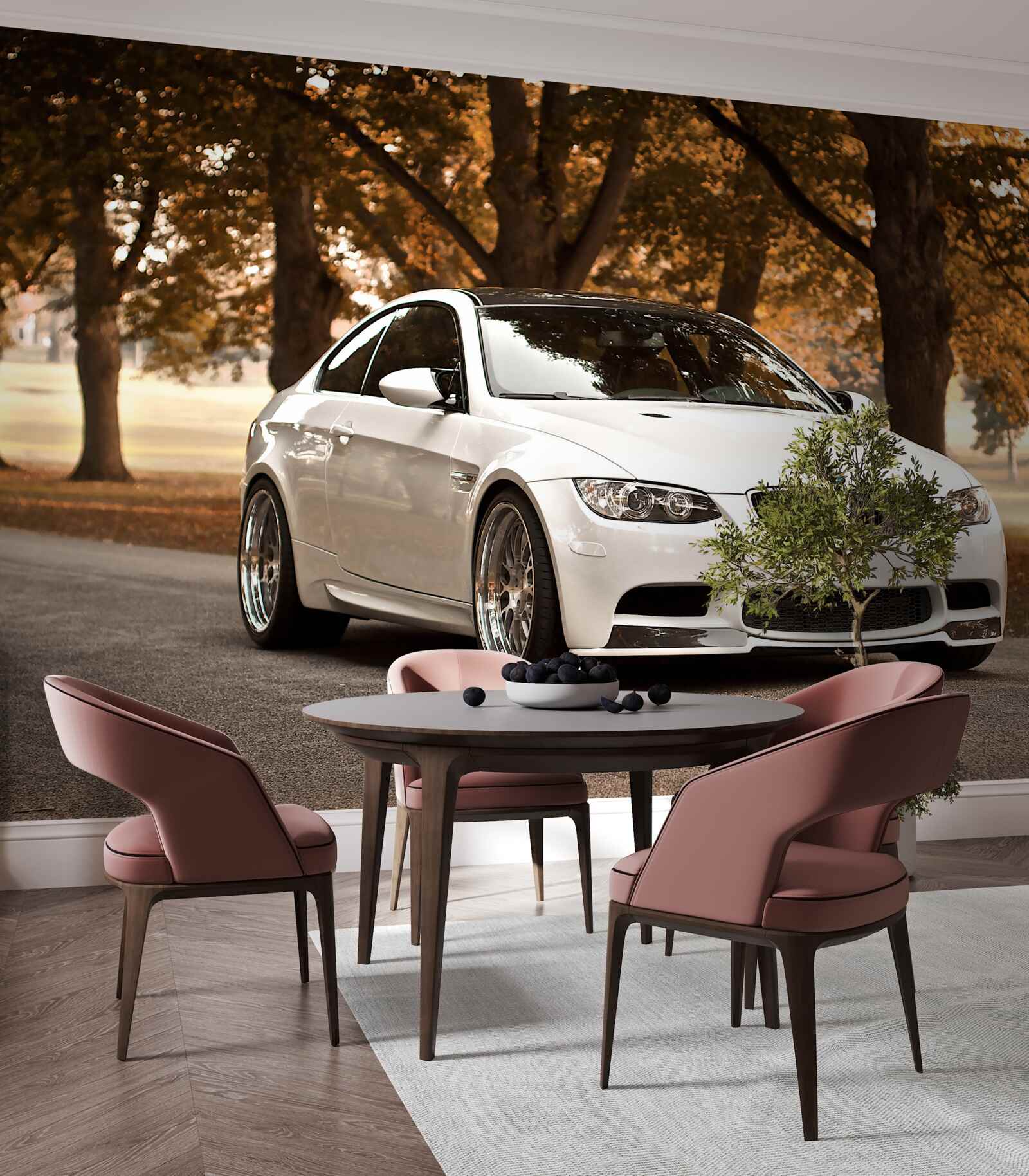 Papier peint une bmw blanche roule sur la route en automne