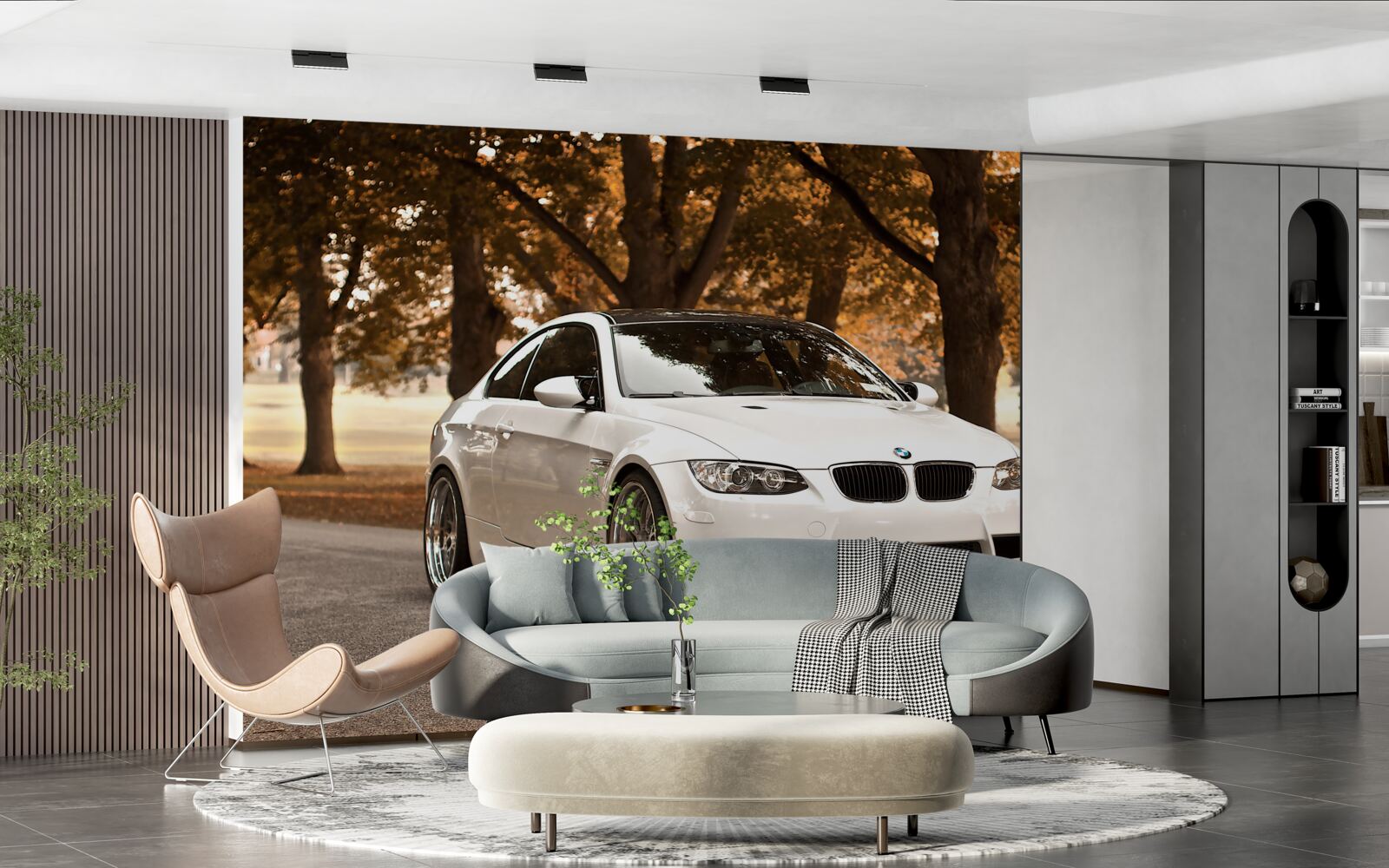 Papier peint une bmw blanche roule sur la route en automne