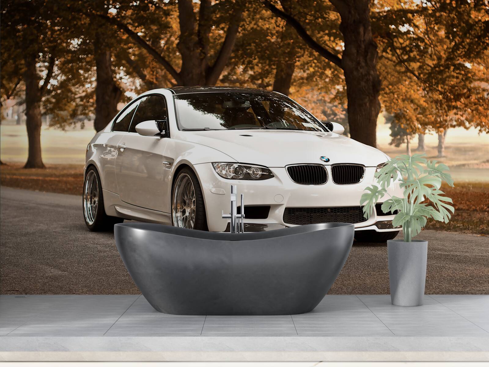 Papier peint une bmw blanche roule sur la route en automne