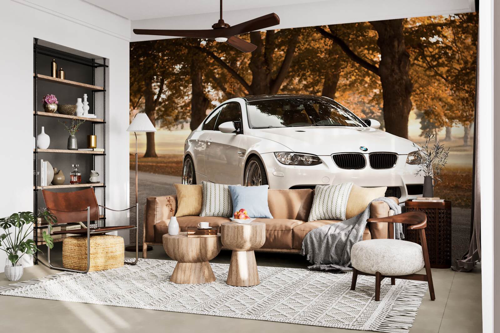 Papier peint une bmw blanche roule sur la route en automne