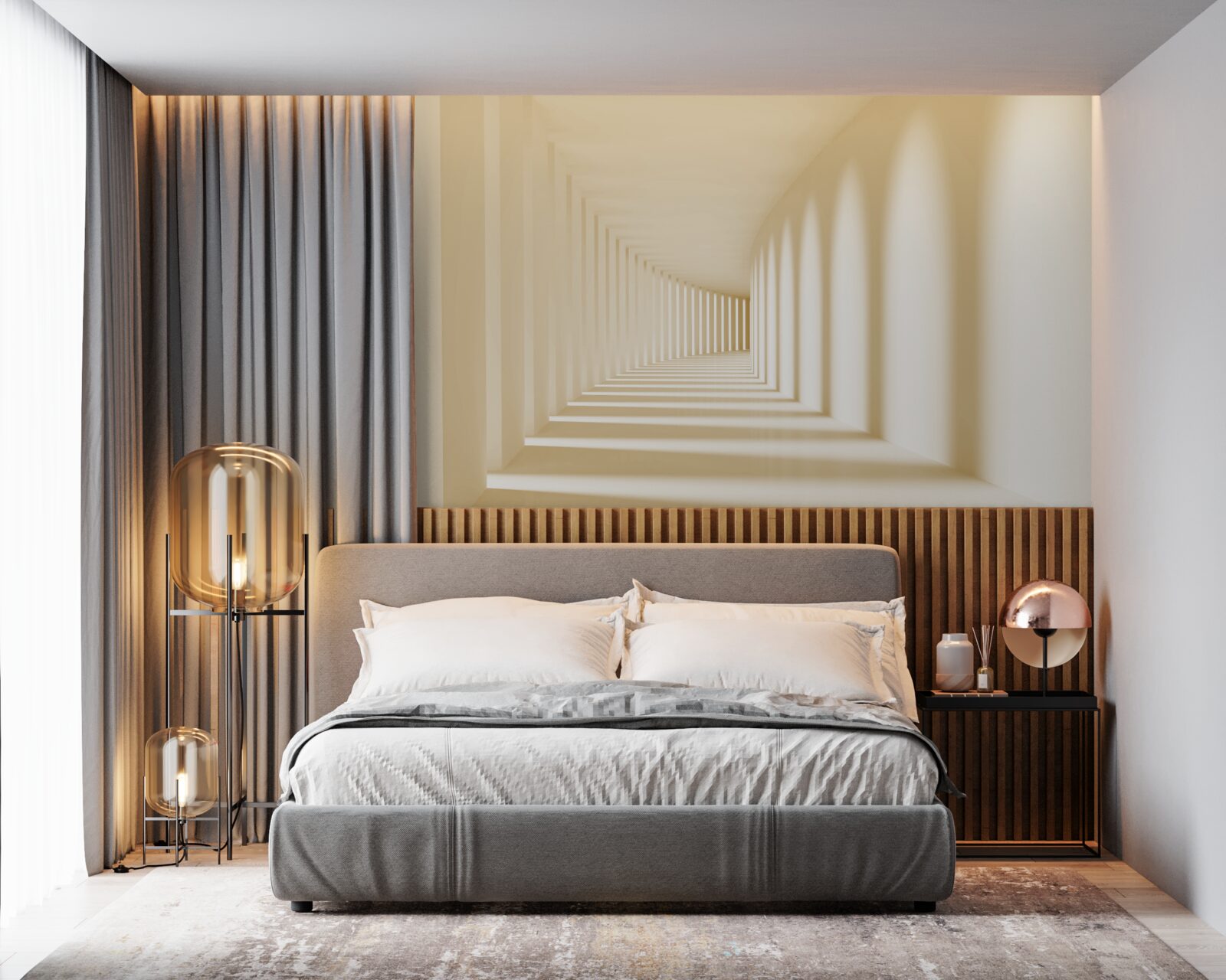 Papier peint couloir disparaissant dans l'ombre ensoleillée