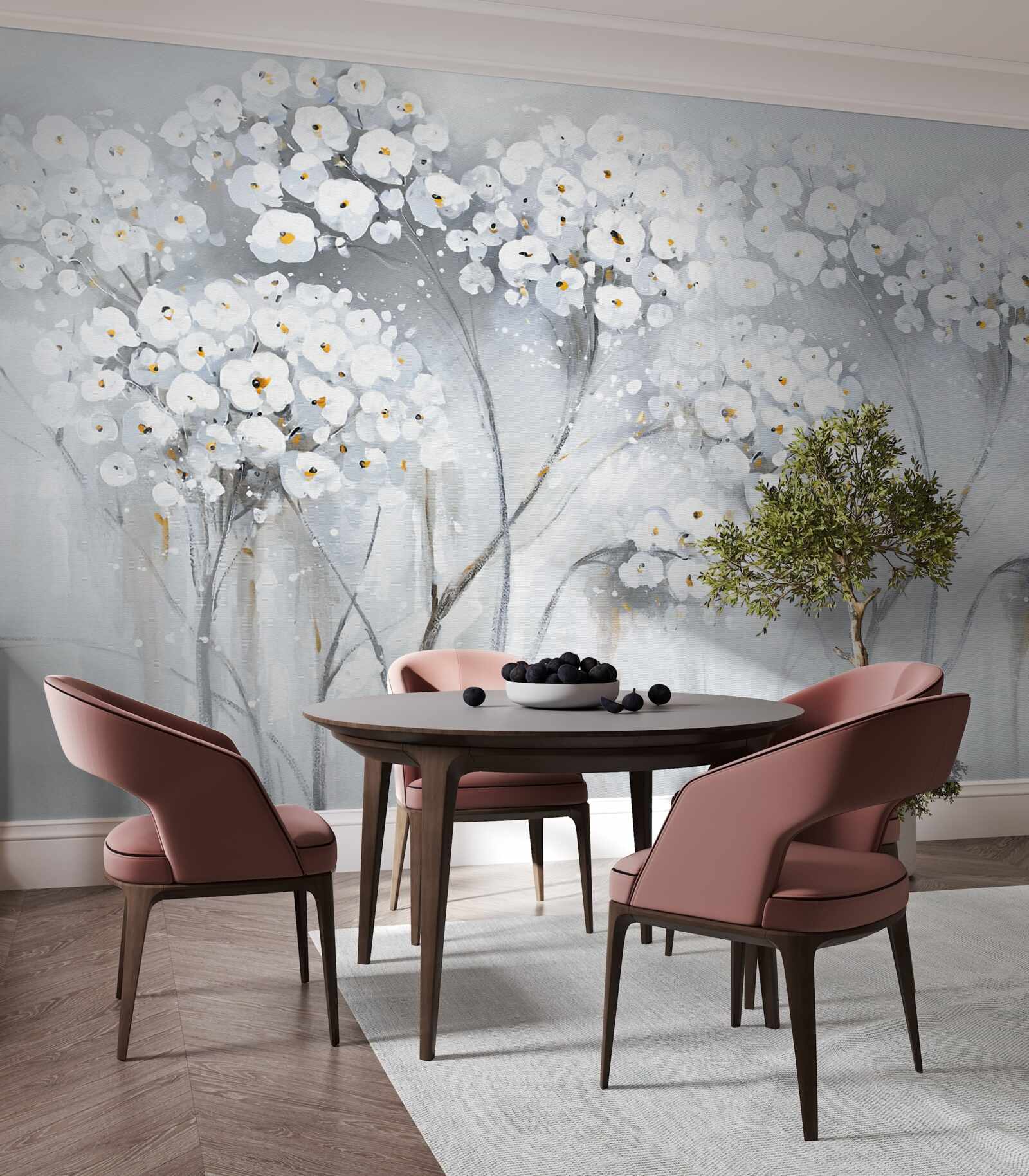 Papier peint arbres élancés aux feuilles fleuries de couleur claire