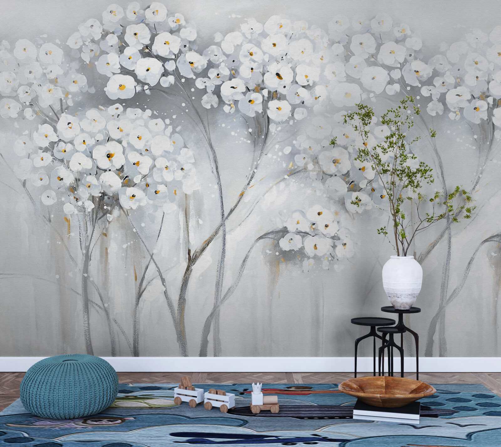 Papier peint arbres élancés aux feuilles fleuries de couleur claire