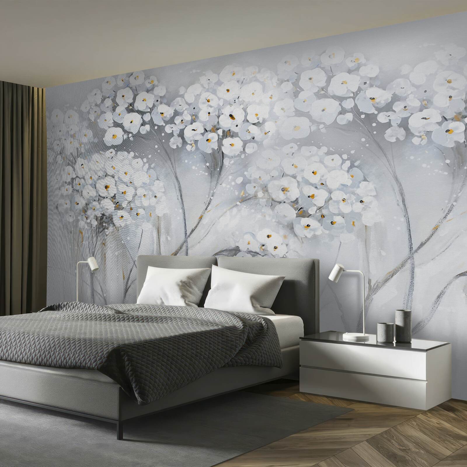 Papier peint arbres élancés aux feuilles fleuries de couleur claire