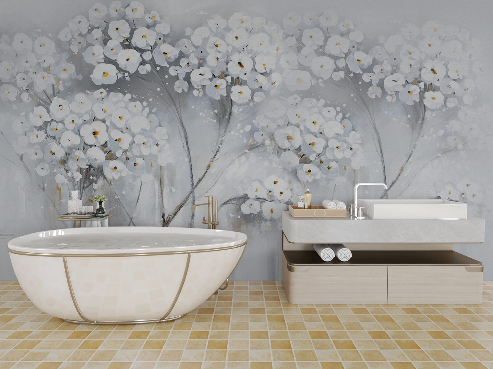 Papier peint arbres élancés aux feuilles fleuries de couleur claire