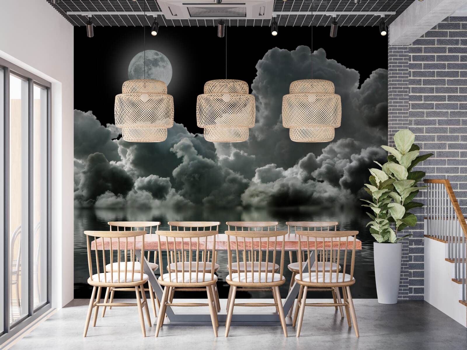 Papier peint la lune dans son plein éclat se reflète dans l'eau parmi les nuages