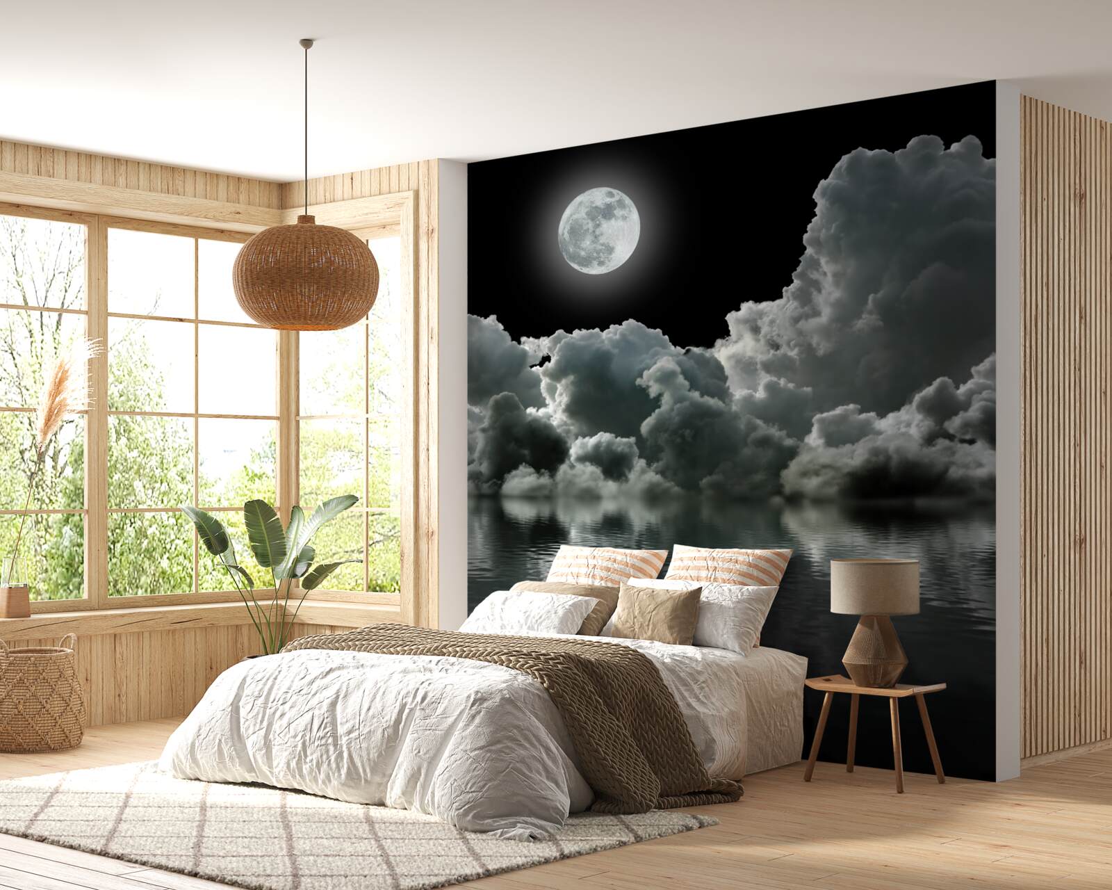 Papier peint la lune dans son plein éclat se reflète dans l'eau parmi les nuages