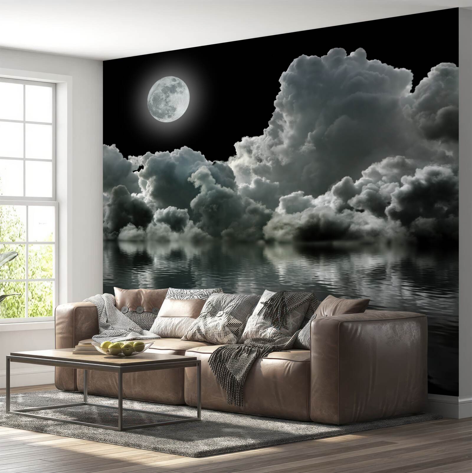 Papier peint la lune dans son plein éclat se reflète dans l'eau parmi les nuages