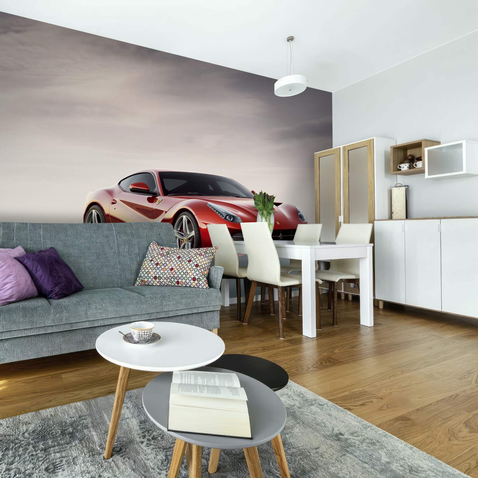 Papier peint la voiture de sport rouge est représentée sur un fond gris