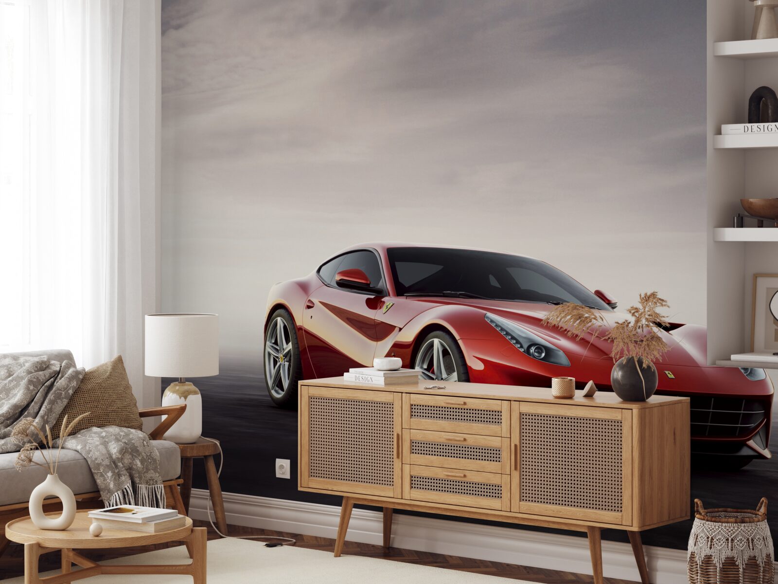 Papier peint la voiture de sport rouge est représentée sur un fond gris