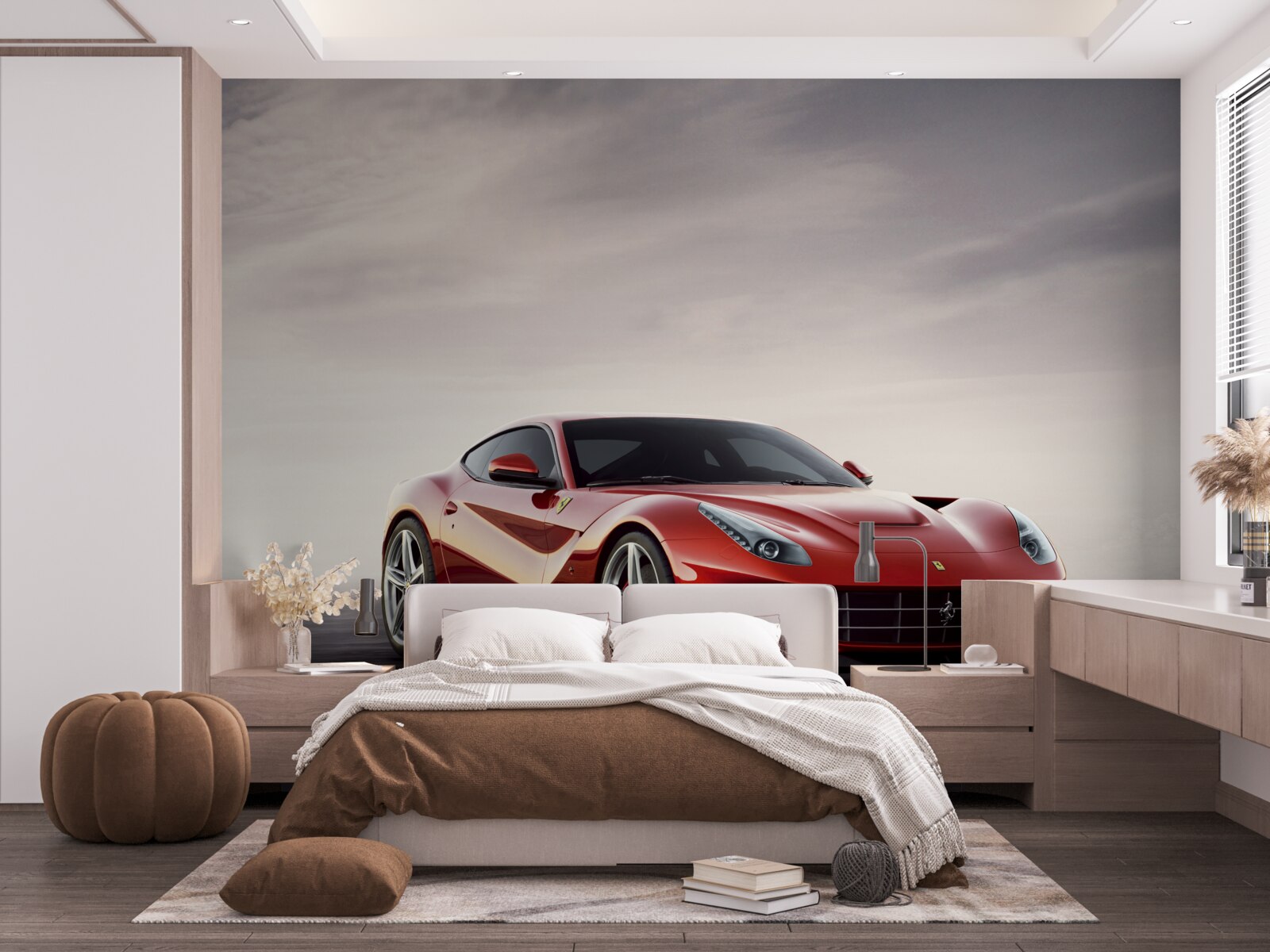 Papier peint la voiture de sport rouge est représentée sur un fond gris