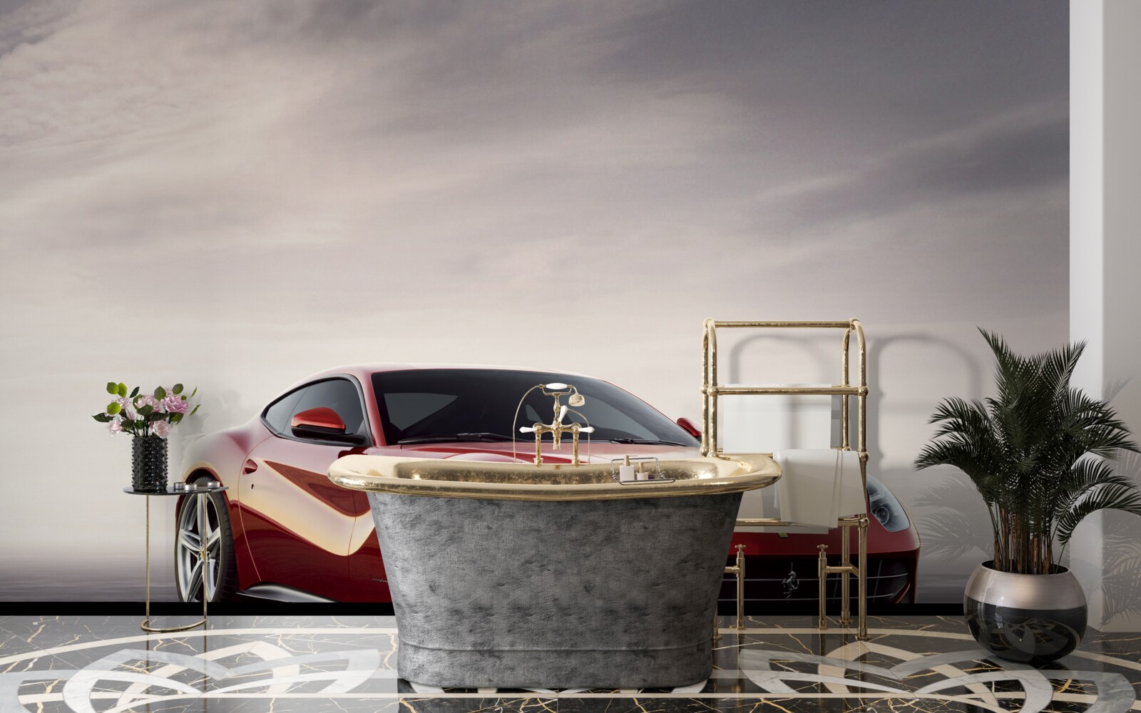 Papier peint la voiture de sport rouge est représentée sur un fond gris