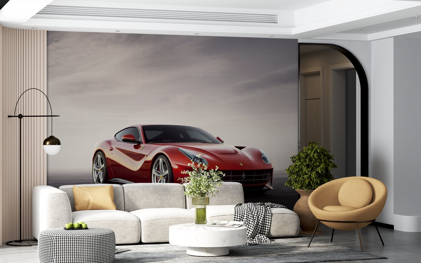 Papier peint la voiture de sport rouge est représentée sur un fond gris