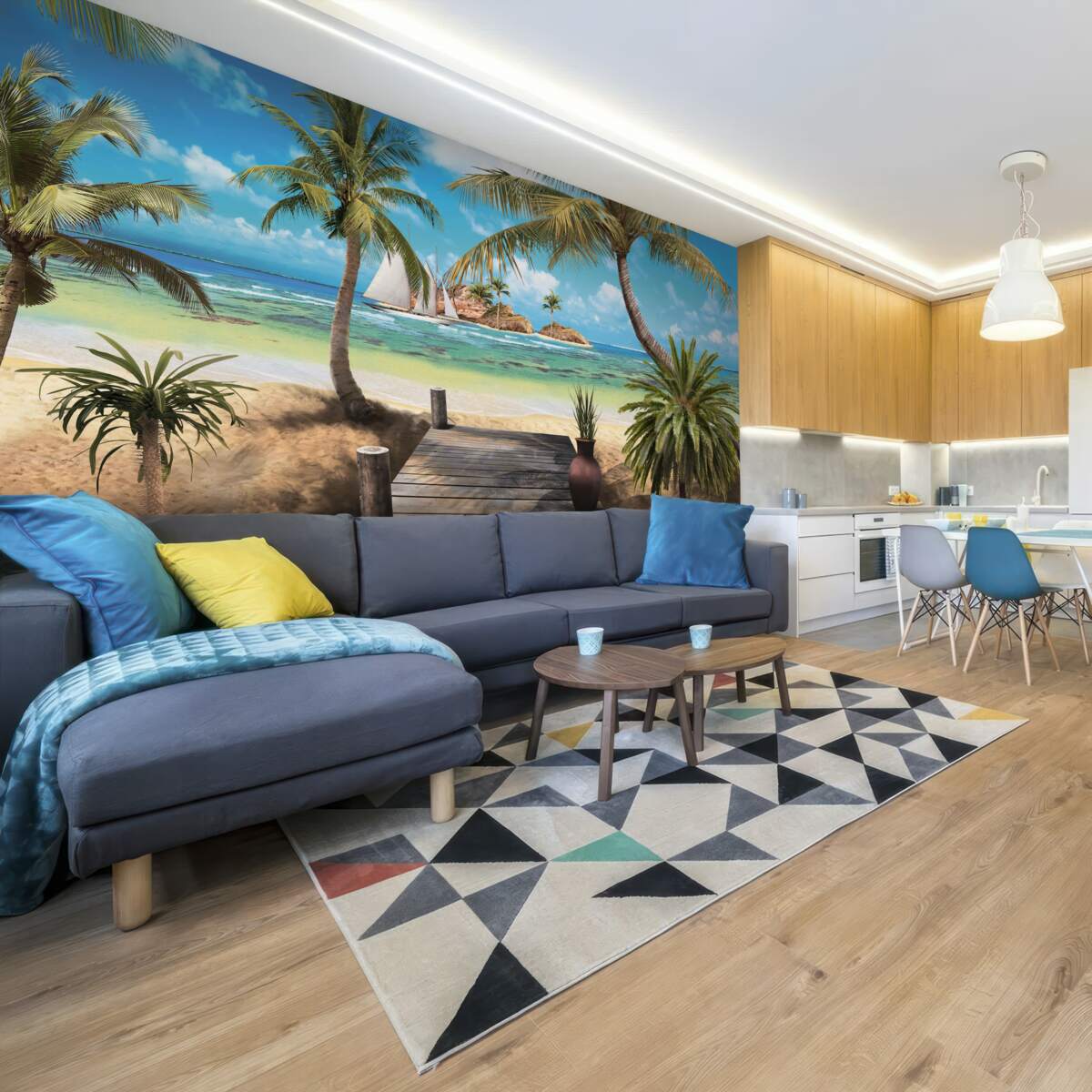 Papier peint pont en bois menant au rivage