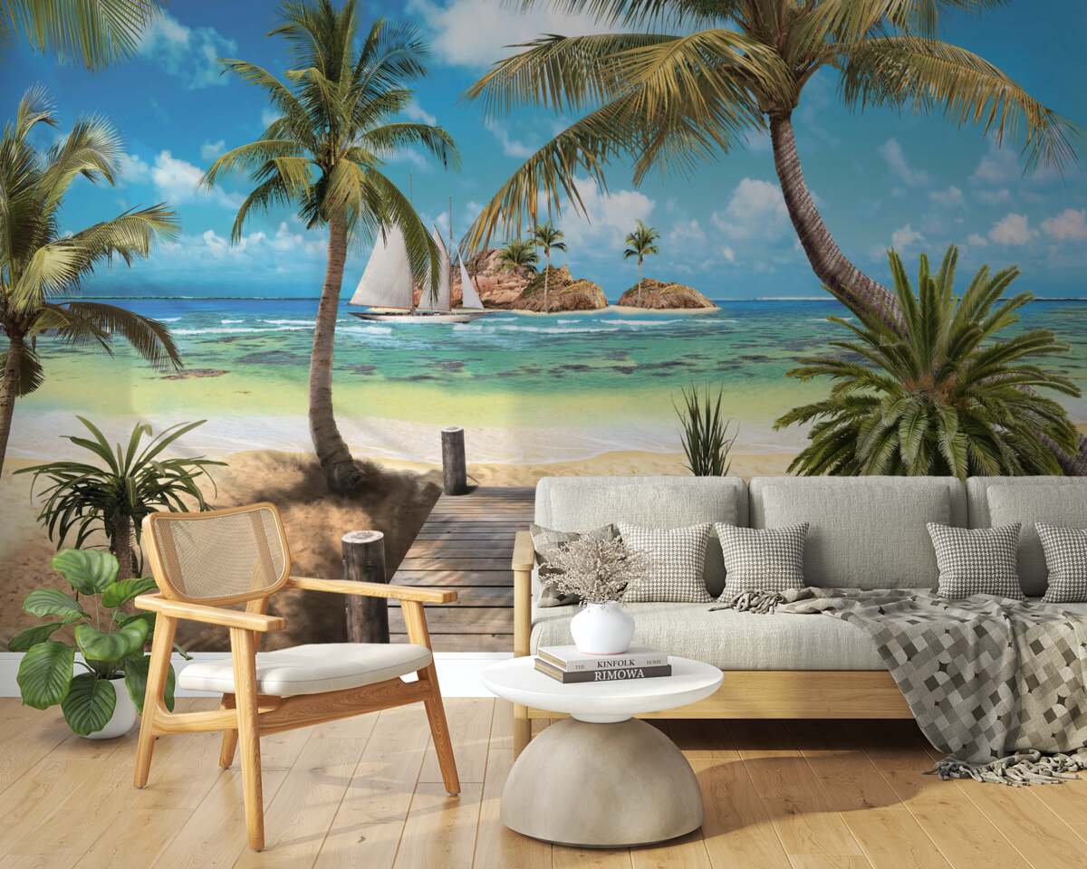 Papier peint pont en bois menant au rivage