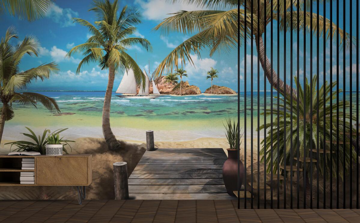 Papier peint pont en bois menant au rivage