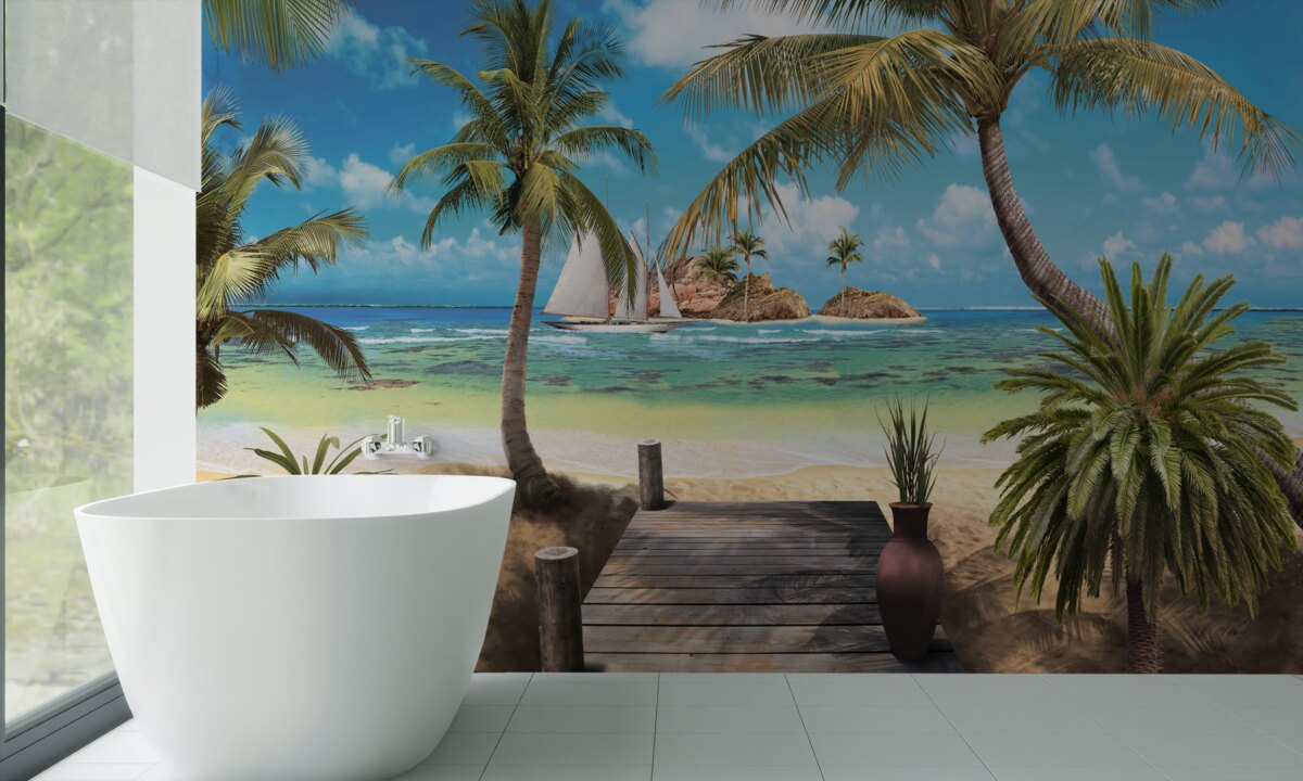 Papier peint pont en bois menant au rivage