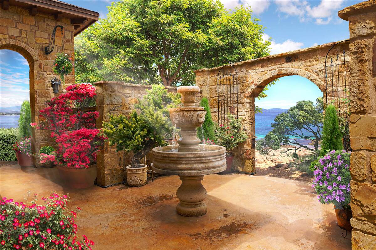 Papier peint cour paisible et verdoyante avec fontaines et parterres de fleurs