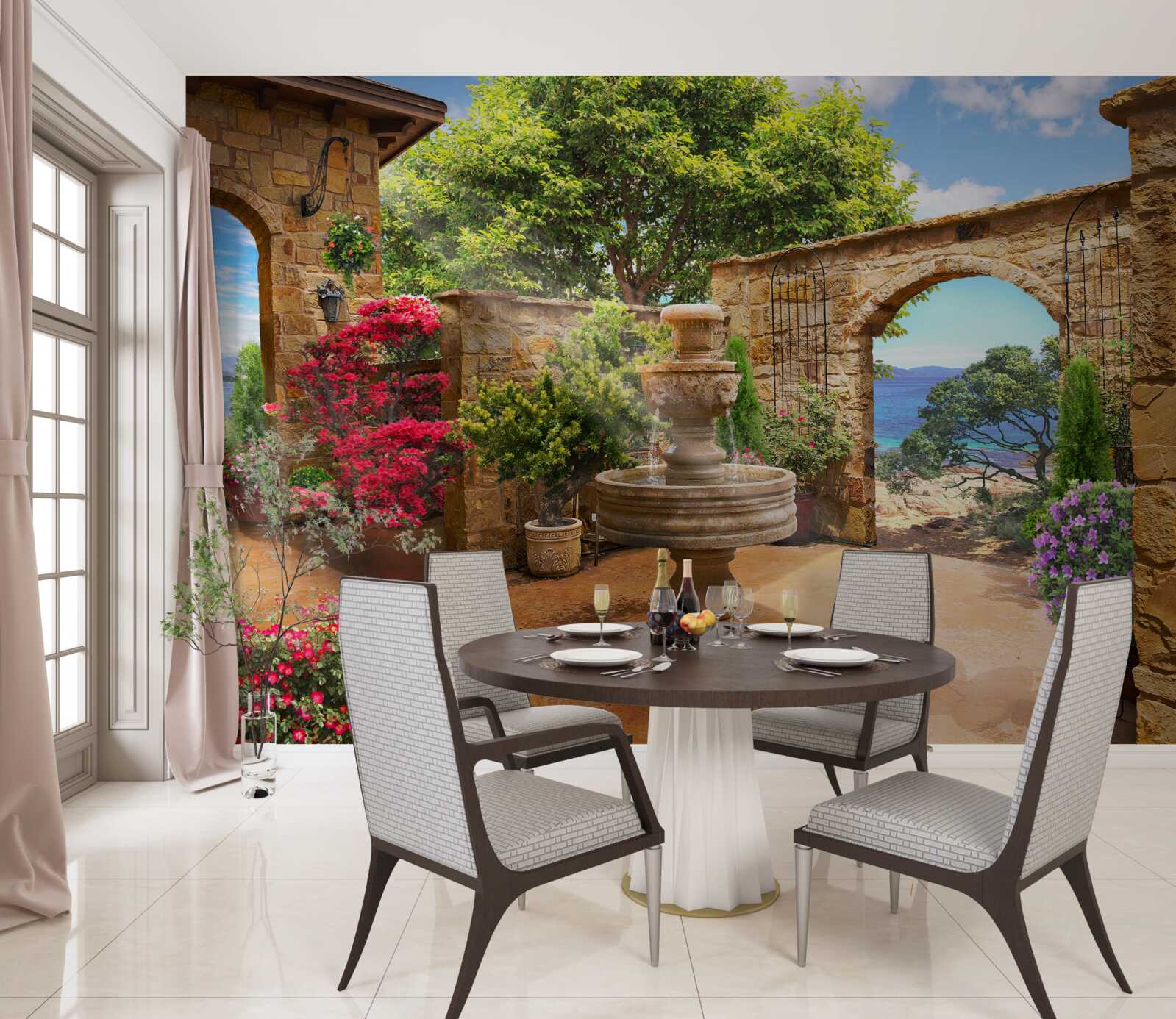 Papier peint cour paisible et verdoyante avec fontaines et parterres de fleurs