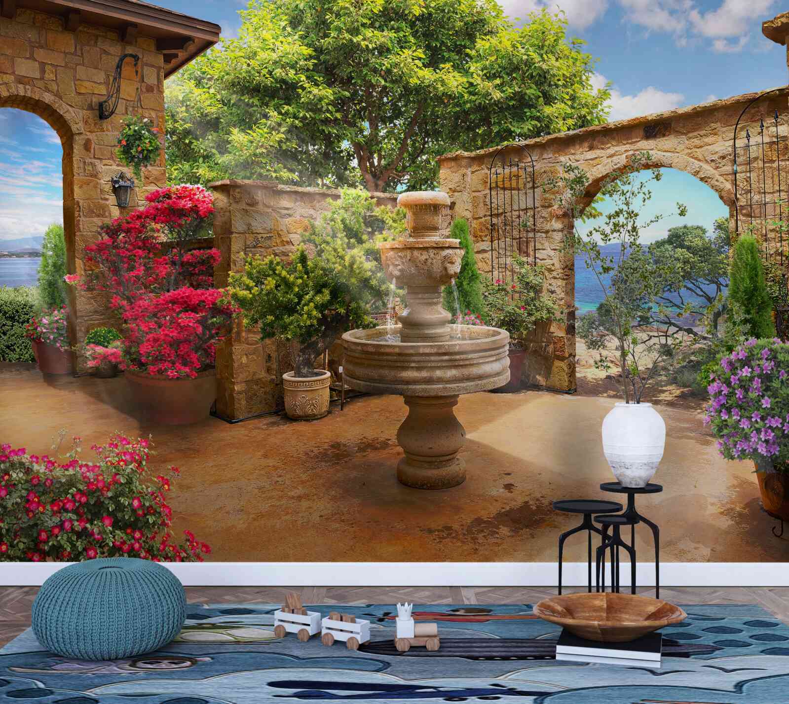 Papier peint cour paisible et verdoyante avec fontaines et parterres de fleurs