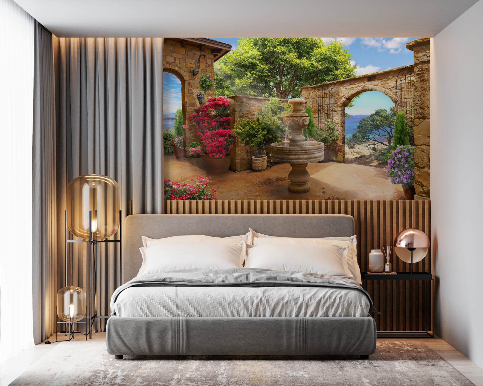 Papier peint cour paisible et verdoyante avec fontaines et parterres de fleurs