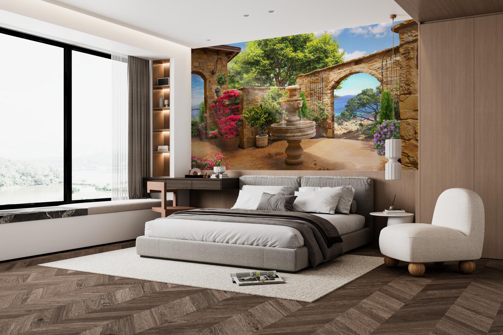 Papier peint cour paisible et verdoyante avec fontaines et parterres de fleurs