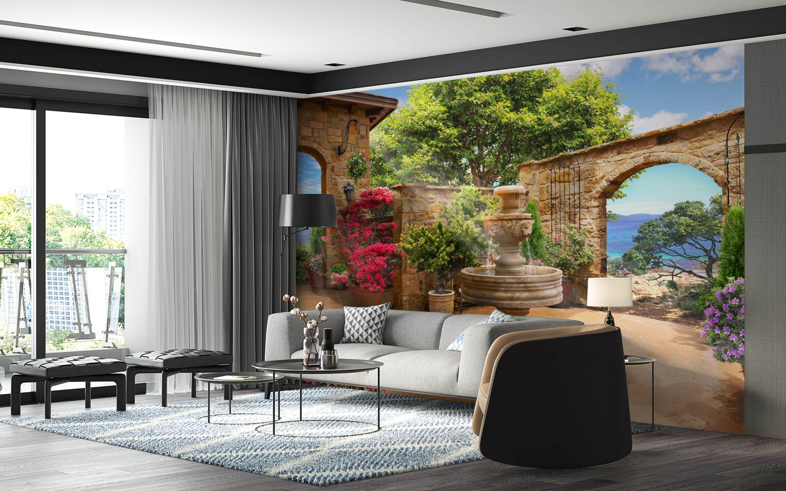 Papier peint cour paisible et verdoyante avec fontaines et parterres de fleurs