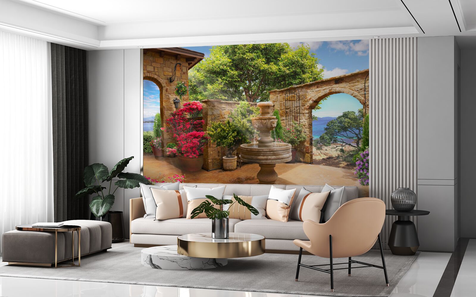 Papier peint cour paisible et verdoyante avec fontaines et parterres de fleurs