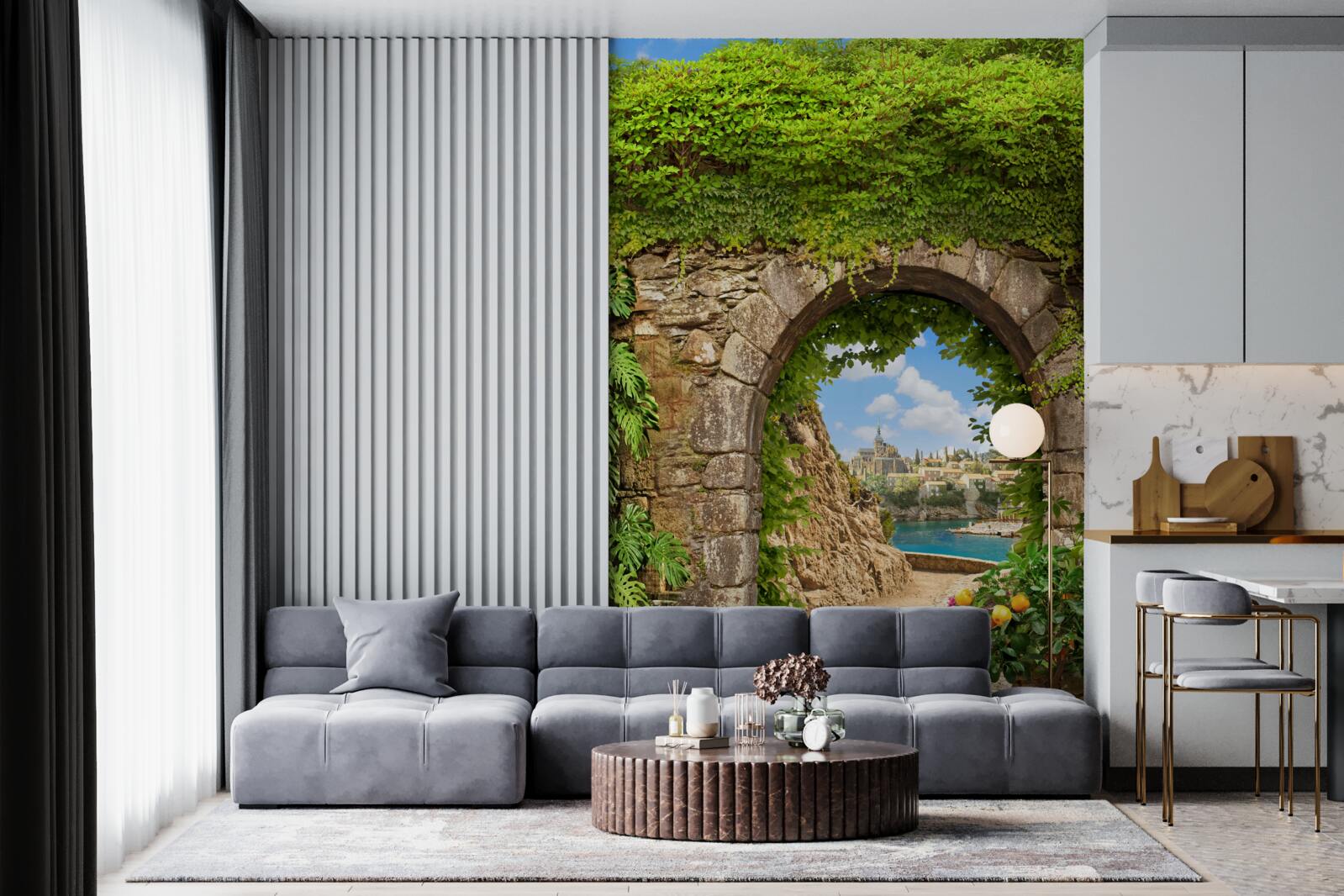 Papier peint Vieille arche de pierre entrelacée de verdure