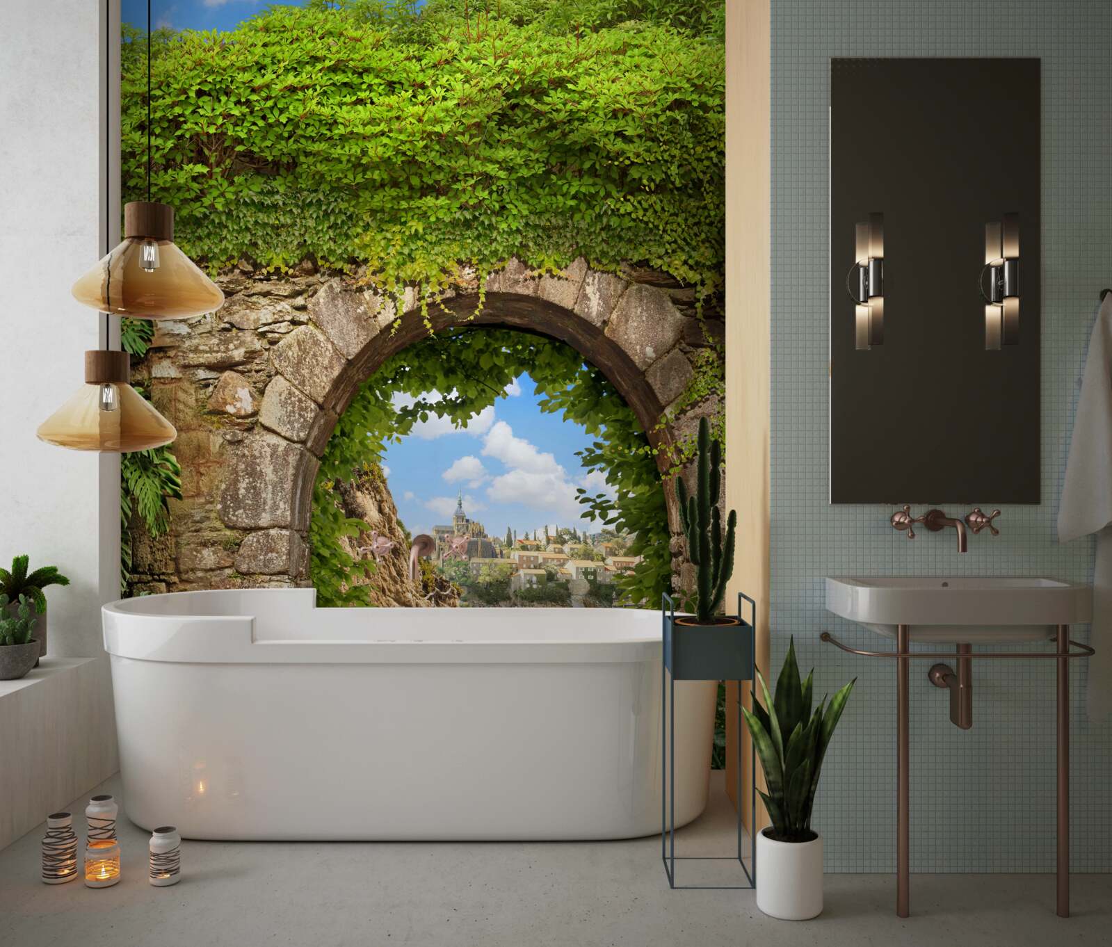 Papier peint Vieille arche de pierre entrelacée de verdure