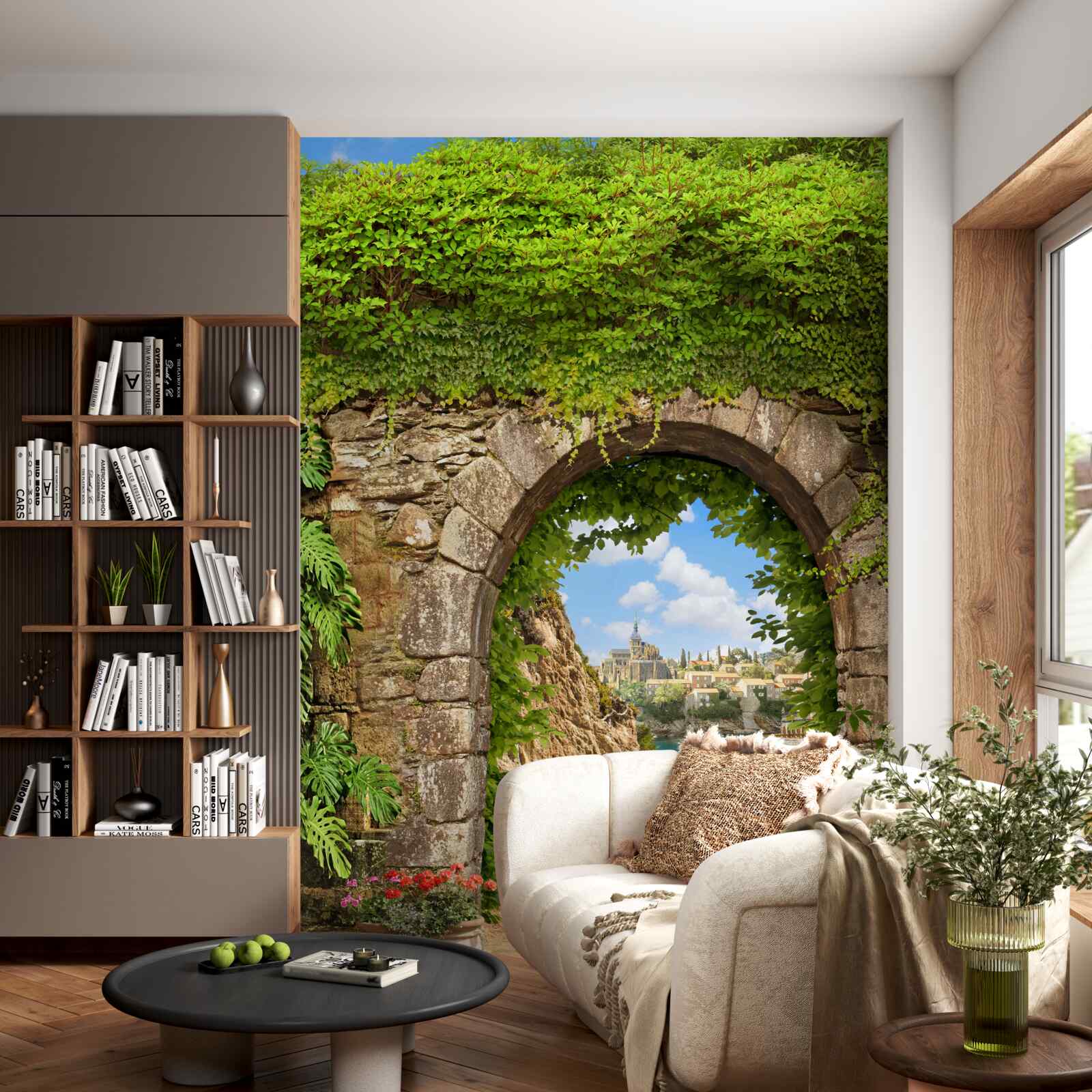 Papier peint Vieille arche de pierre entrelacée de verdure