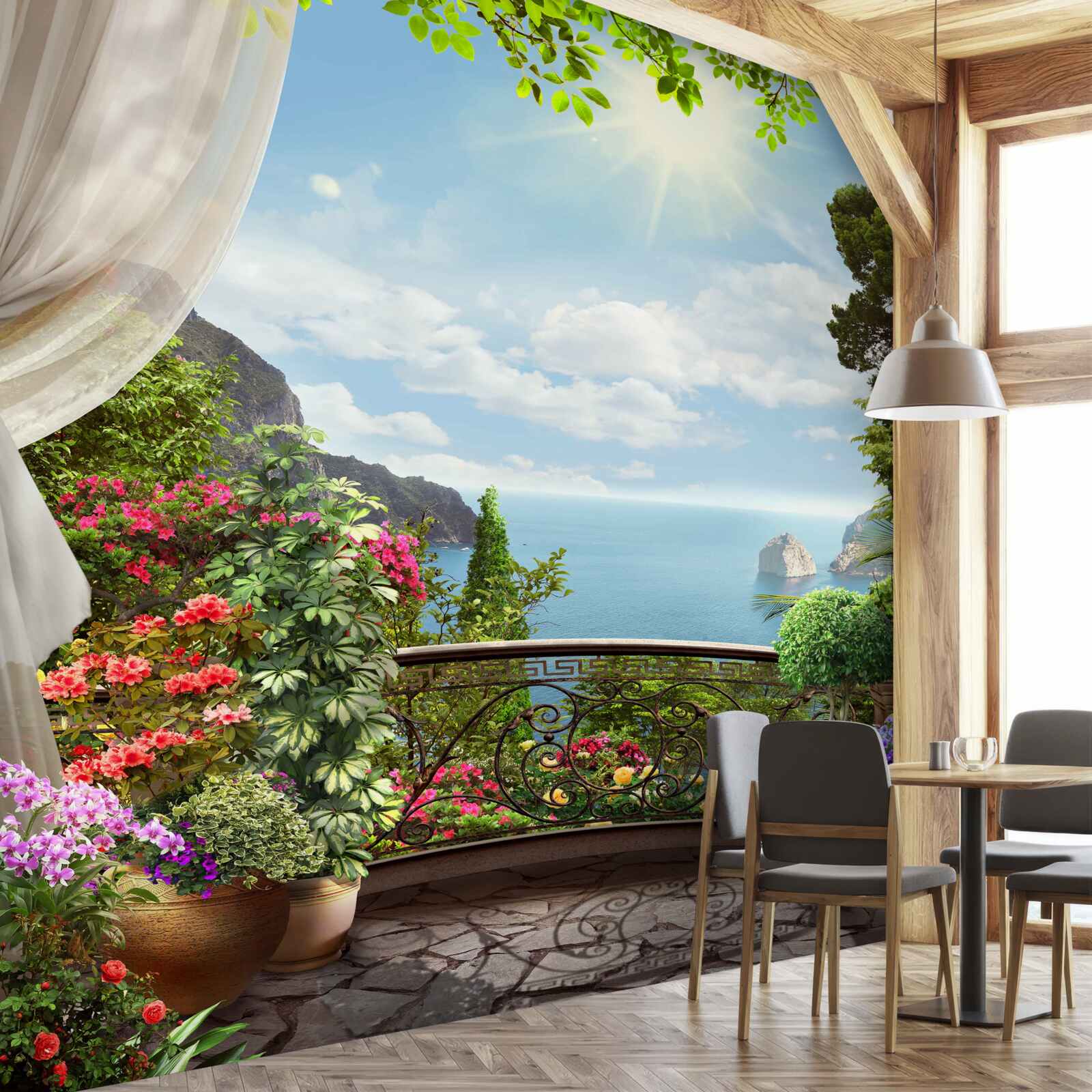 Papier peint Depuis le balcon, vous pouvez voir l'océan s'étendre à l'horizon et les falaises abruptes.