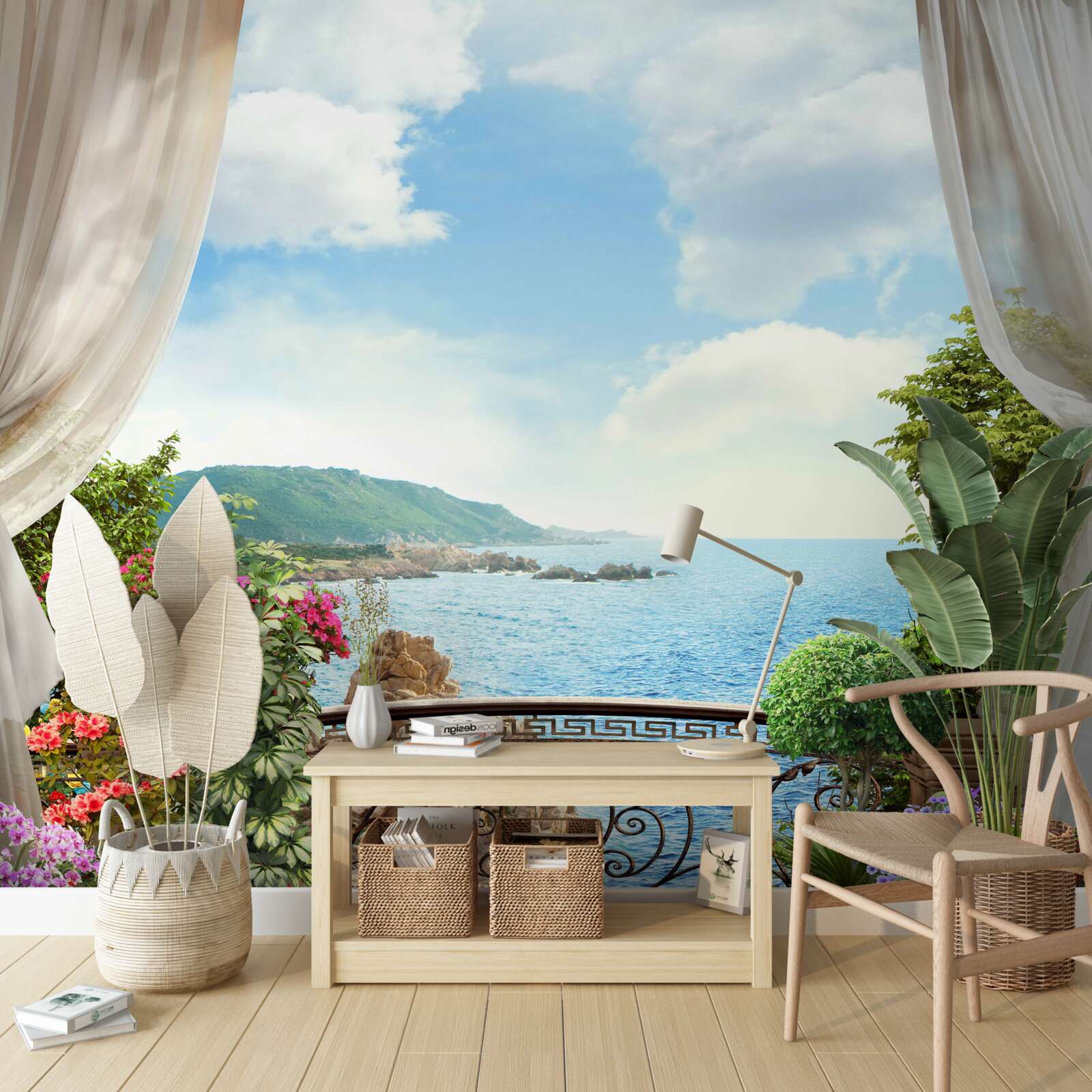 Papier peint loggia avec vue pittoresque sur l'océan