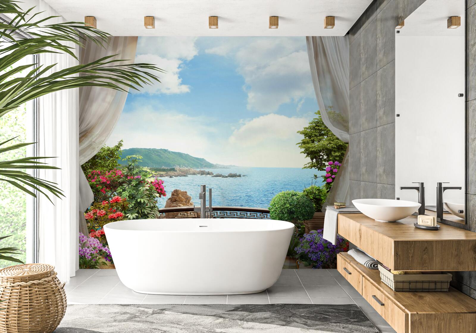 Papier peint loggia avec vue pittoresque sur l'océan